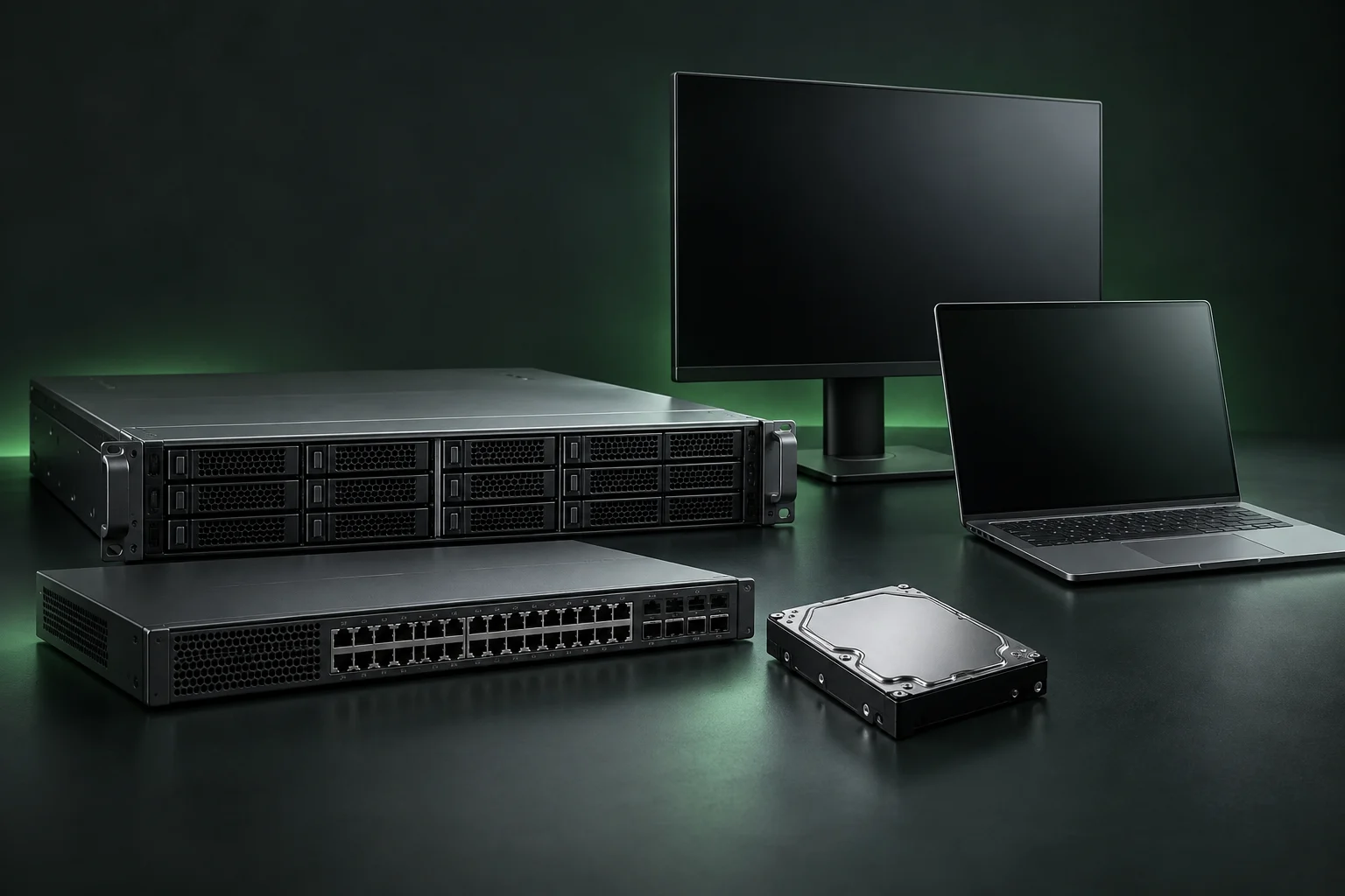 Illustrative Darstellung von Server, Netzwerk-Switch, Festplatte, Notebook und Monitor